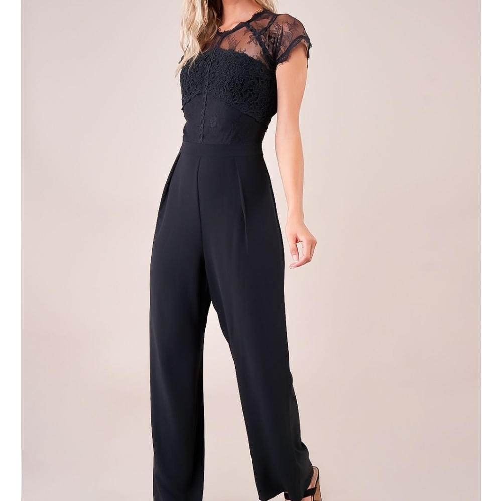Sugarlips Lace Short Sleeve Black Wide Leg Jumpsuit